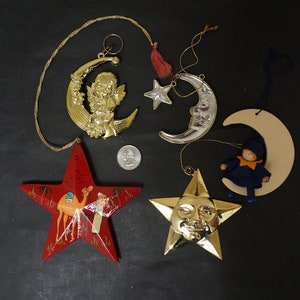 Choose Moon Star Sun celestial ornaments, Christmas tree wall hanging set, vintage German sky room nursery decor planet gold brass acrylic