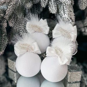 White Velvet Christmas Ornament: Feathered Snow White Bauble