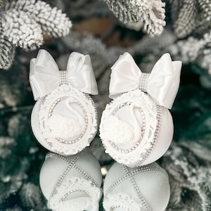 WHITE CHRISTMAS BAUBLES, satin ornaments with swan, rhinestone tree balls for holiday decorations