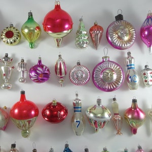 Rare Glass Old Christmas Tree Ornaments with Internal Amalgam. Sun, Parachute, Bowling Pin, Flower, Samovar, Pine Cone with Face. #128