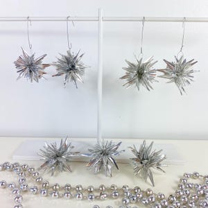 Vintage Silver Foil Starburst Christmas Ornaments, Set of 7, Atomic Sputnik Decor