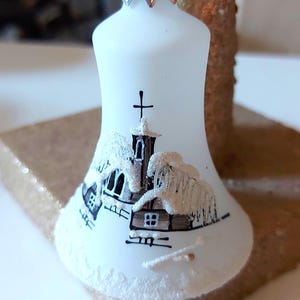 Czech Glass Christmas Ornament Bell: Hand-Painted Winter Village White