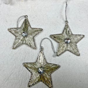 Vintage Silver Beaded Silver Christmas Star Ornaments Lot of 3