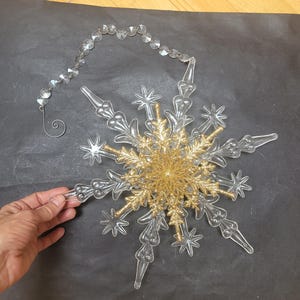 Choose 12.25" (31 cm) diameter lucite Christmas snowflake star, Huge clear sheer transparent silver gold tone tree wall ornament home decor