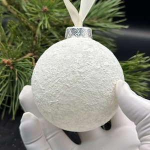 Handmade White Amber Christmas Ornament: Snowy Texture, Winter Decor